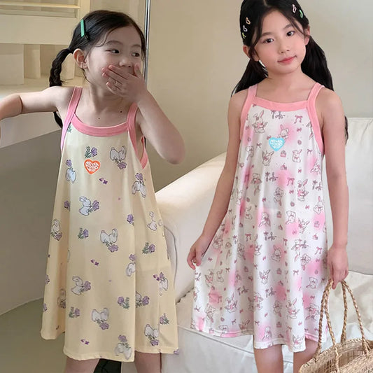 Kids Girls Nightgown Cartoon Nightdress Girl Sleepwear Nightie Summer Sleeveless Floral Print Cats Nightwear Children Clothes