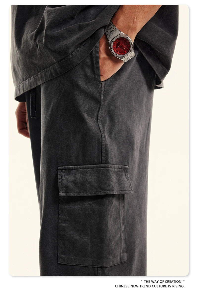 ZODF New 2024 Spring Summer 358gsm Cotton Cargo Pants For Men Unisex Casual Washed Straight Multi-Pockets Loose Trousers HY0829