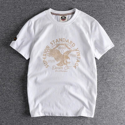 Summer New American Retro Short-sleeved O-neck Eagle Printed T-shirt Men's Fashion Simple 100% Cotton Washed Casual Sport Tops