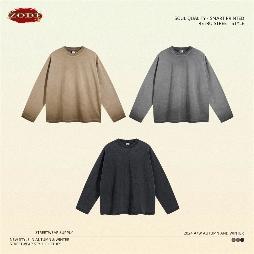 ZODF New 2024 Autumn Washed 100% Cotton T-Shirt For Men Unisex Loose Distressed 275gsm O Neck T Shirts Brand Tops HY0924