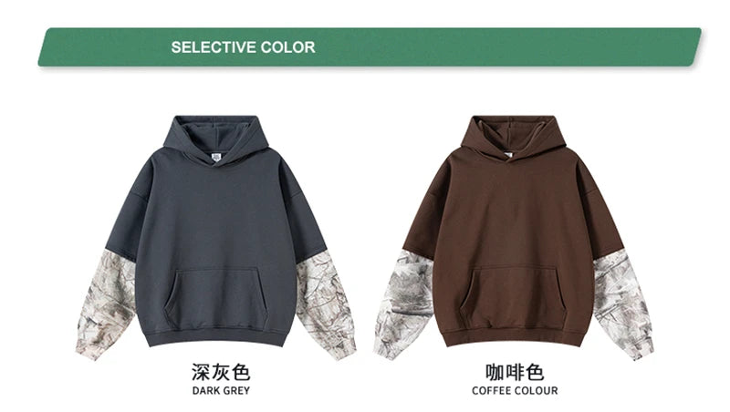 ZODF Fashion Winter Fake 2-Piece 340gsm Fleece Hoodies For Men Unisex High Street Camouflage Sleeve Hooded Pullovers HY1153