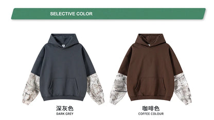 ZODF Fashion Winter Fake 2-Piece 340gsm Fleece Hoodies For Men Unisex High Street Camouflage Sleeve Hooded Pullovers HY1153