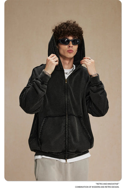 ZODF Retro Men's Heavyweight 450gsm Zipper Hoodies Unisex Loose Distressed Washed Batik Knitted Hooded Coat Jacket HY0889