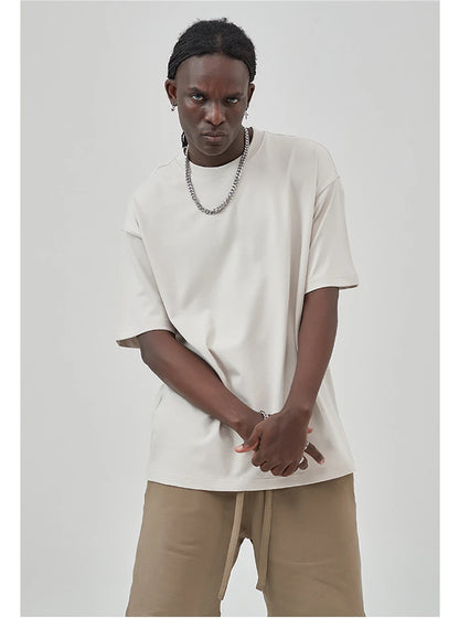 ZODF New Summer Men 275gsm Cotton T Shirts Unisex Women High Street Oversized FG Noshrink Solid T-Shirt Streetwears HY0152