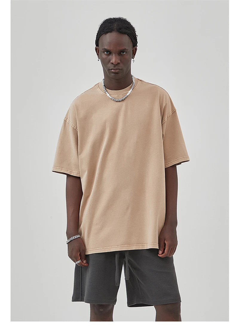 ZODF New Spring Summer Washed Cotton Solid T Shirts For Men Unisex High Street Loose Edge Oversized Noshrink T-Shirt Tee HY0465