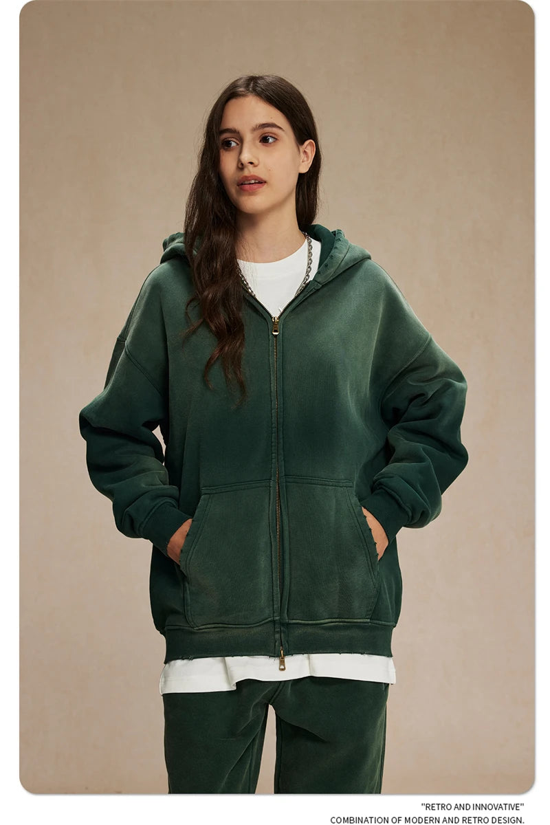 ZODF Retro Winter Men Spray-Dyed Zipper Hoodies Unisex Loose 360gsm Zipper Fleece Hooded Sweatshirt Pullovers Coats HY0719