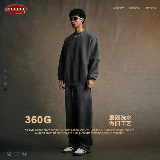 ZODF Trendy 2025 Winter Man 360gsm Washed Fleece Hoodies Unisex Patchwork Loose Fake 2 Pieces Knitted O Neck Sweatshirts HY1089