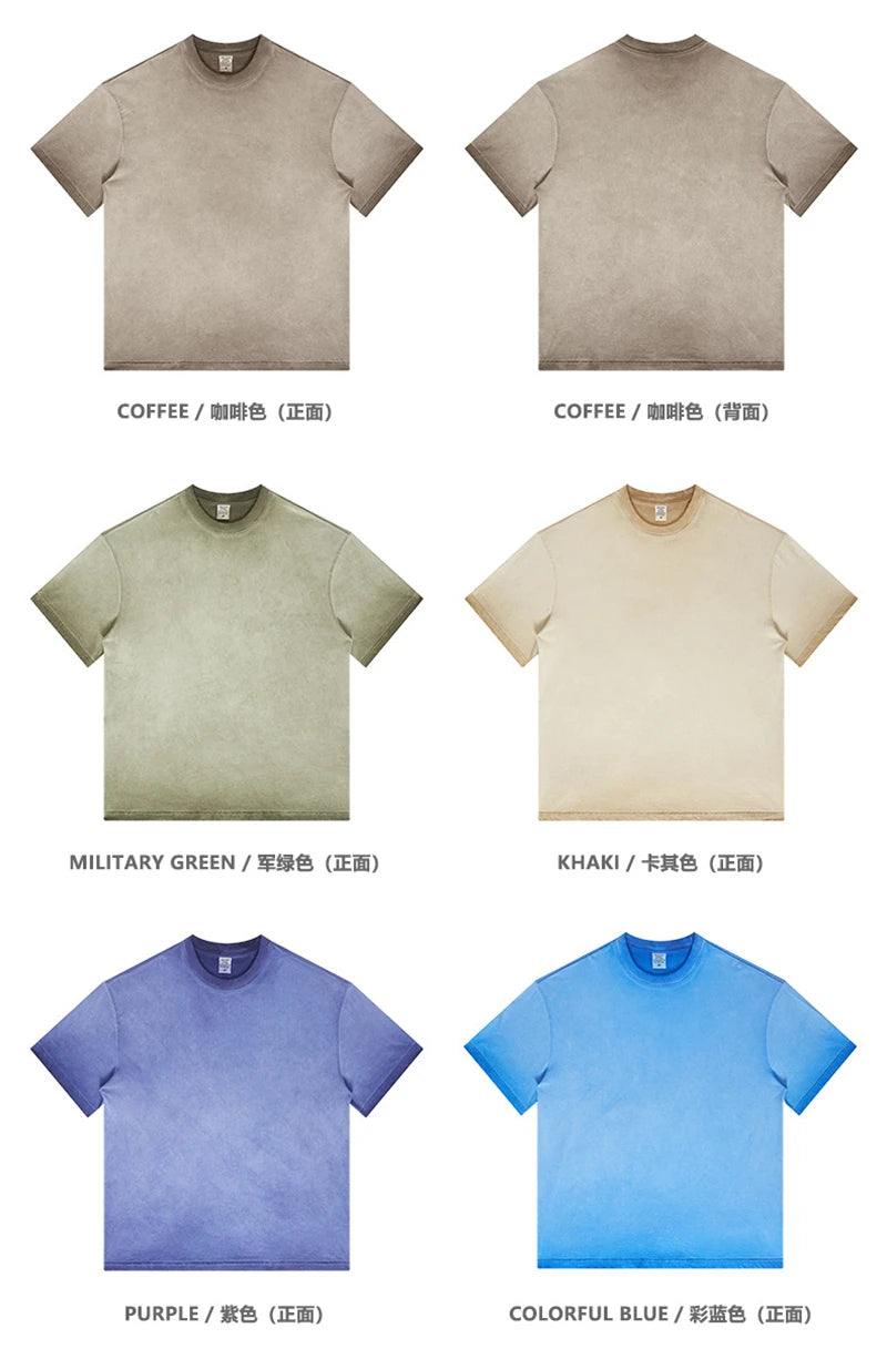 ZODF 2023 Men's Summer 255G Wash Gradient Fried Cotton T Shirt Round Neck Short Sleeve American Retro Loose T-Shirt HY0547