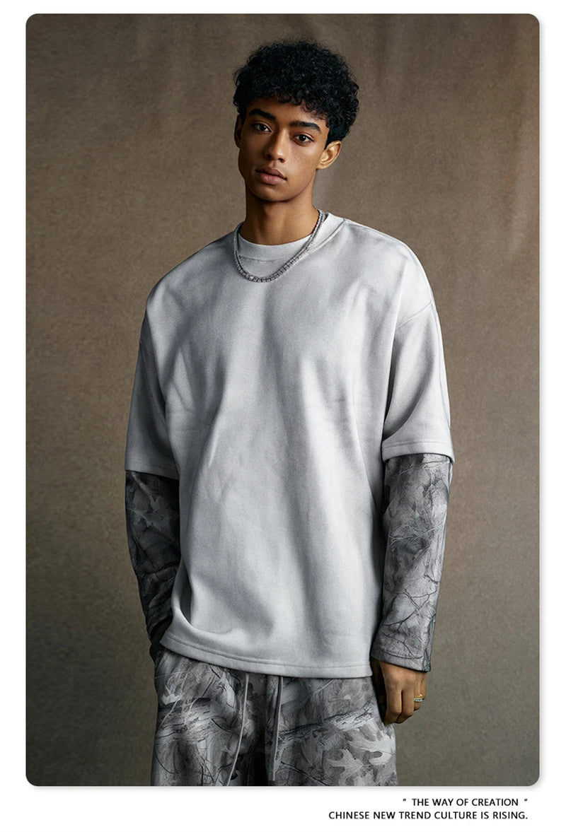 ZODF 2025 Autumn 340gsm Fake 2-Piece T-Shirt For Man Unisex Oversized Heat Transfer Printing Long Sleeve T Shirts Tee HY1151