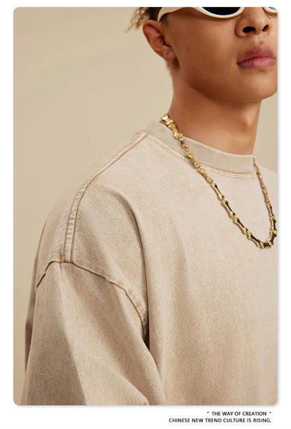 ZODF Retro 2025 Men Autumn Batik Washed T Shirt Unisex Oversized Basic Long Sleeve Solid 270gsm Cotton T-Shirts Tees HY0641