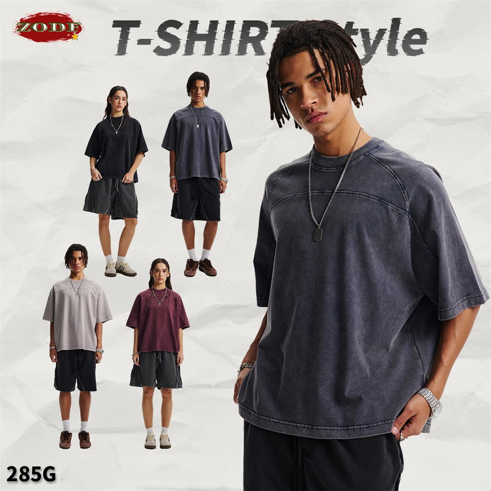 ZODF Retro 2025 Men Summer Batik Washed Cotton T-Shirts Unisex High Street Raglan Sleeve Patchwork T Shirt Brand Tees HY1062