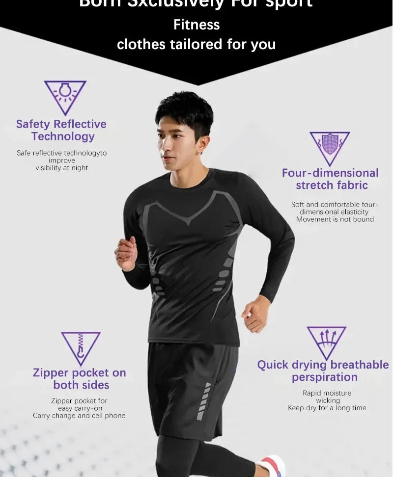 Men’s Sports Suits Fitness Clothes Tight-Fitting Quick-Drying Running Cycling Training Apparel for Autumn Night Workouts