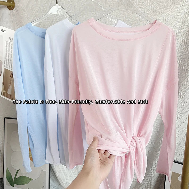 Women’s Long Sleeve Yoga Shirt O-Neck Breathable Loose Fit Sports Top for Running Pilates Gym Fitness