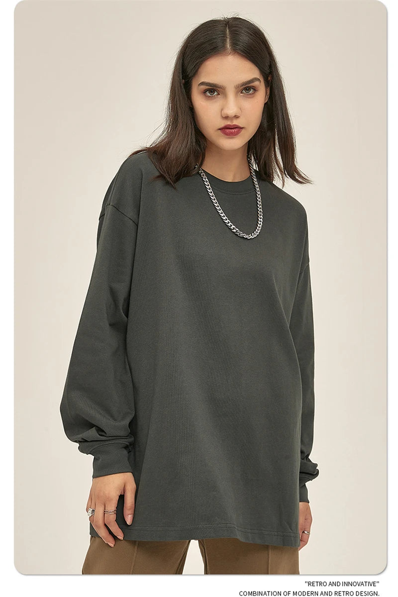 ZODF New 2025 Autumn Men 305gsm 100% Cotton T Shirt Unisex Loose Heavy Weight Basic Long Sleeve Solid T-Shirts Tops HY0634