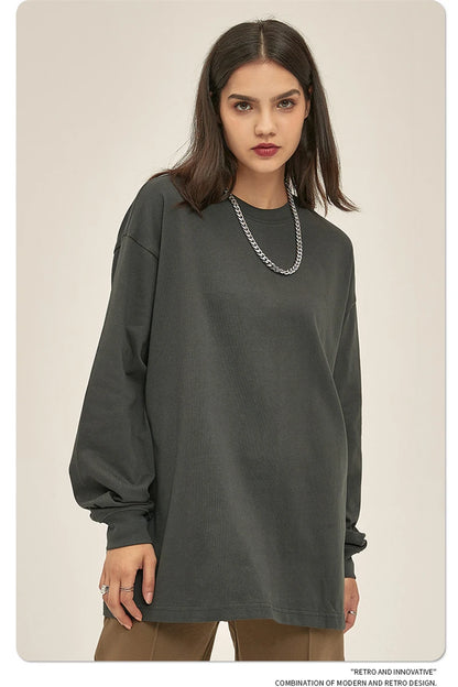 ZODF New 2025 Autumn Men 305gsm 100% Cotton T Shirt Unisex Loose Heavy Weight Basic Long Sleeve Solid T-Shirts Tops HY0634