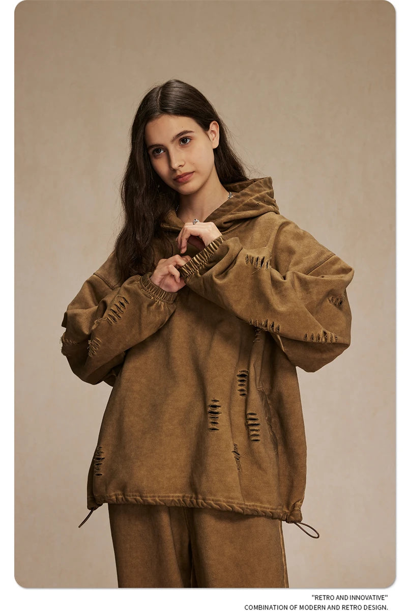 ZODF Vintage Winter Men Distressed 450gsm Hoodies Unisex High Street Ripped Holes Elastic Hem Hooded Pullovers Coat HY0932