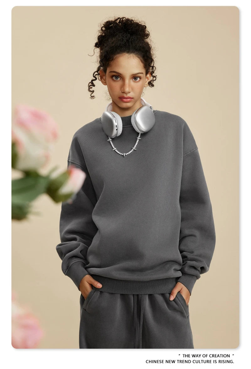 ZODF New Men Winter 355gsm Washed Fleece Sweatshirts Retro Unisex Oversized Solid O-Neck Warm Pullovers Coat Streetwears HY0639