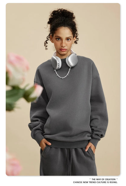 ZODF New Men Winter 355gsm Washed Fleece Sweatshirts Retro Unisex Oversized Solid O-Neck Warm Pullovers Coat Streetwears HY0639