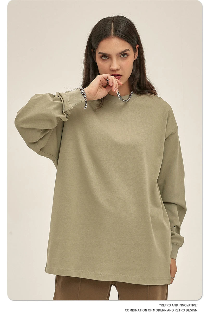 ZODF New 2025 Autumn Men 305gsm 100% Cotton T Shirt Unisex Loose Heavy Weight Basic Long Sleeve Solid T-Shirts Tops HY0634