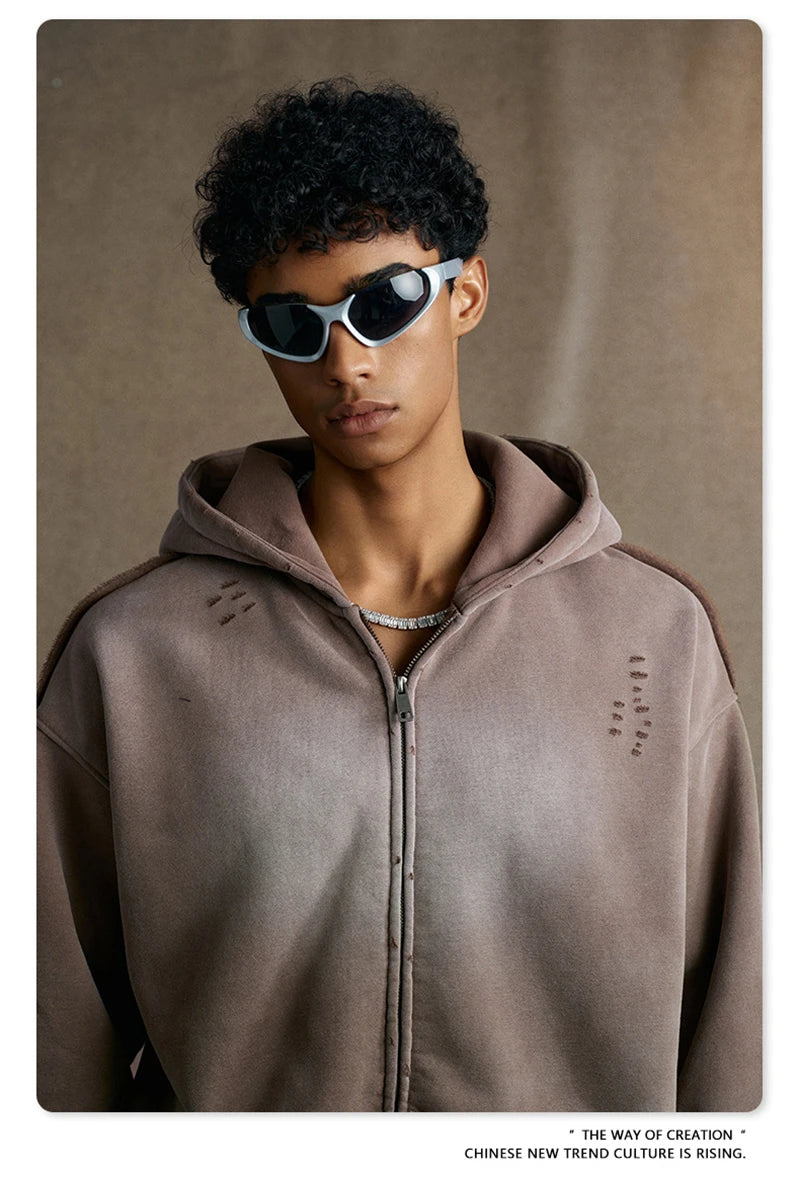 ZODF Retro Winter Men 400gsm Monkey Washed Zipper Hoodie Unisex High Street Loose Edge Ripped Distressed Hooded Pullovers HY1117