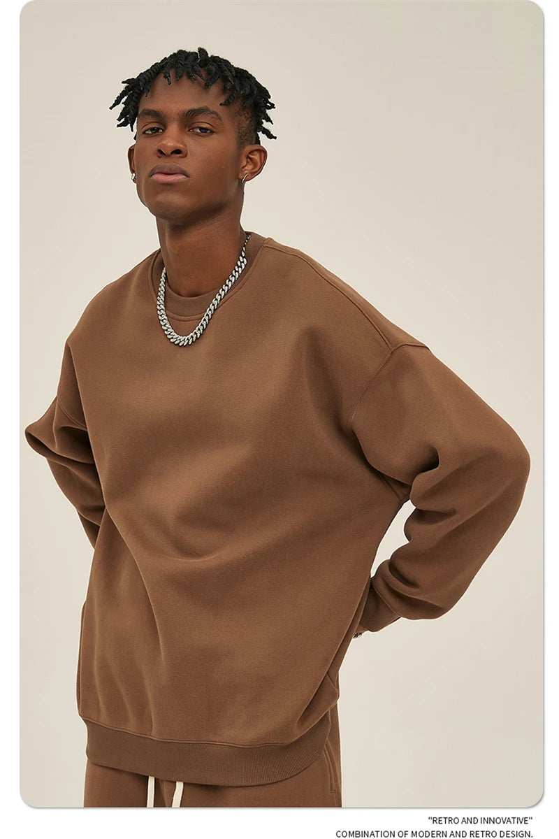 ZODF New 2025 Winter 350gsm Fleece Sweatshirts For Men Unisex Casual Loose Basic Solid O-Neck Thick Warm Pullovers HY0635