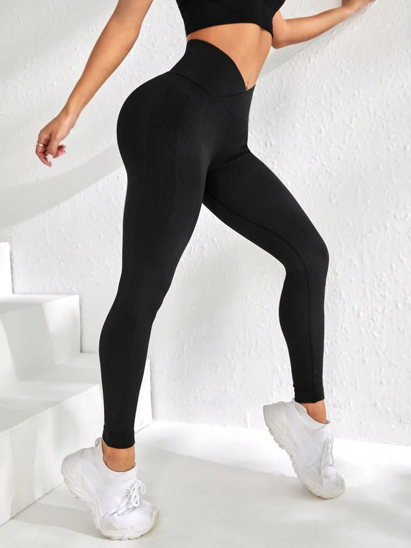 Women Sports Leggings V-Waist High Waist Seamless Peach Buttocks Fitness Pants with Raised Hips Tight Yoga