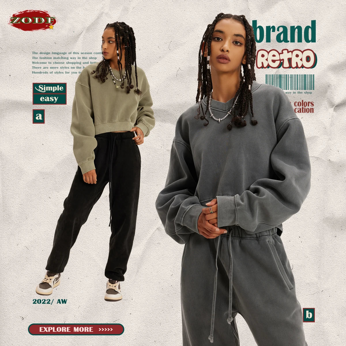 ZODF Winter Women Short Fleece Cropped Sweatshirts Girls Female Hip Hop Loose 400gsm V-Neck Pullovers Brand Tops HY0437