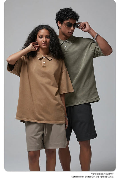 ZODF Summer Men Batik Washed 275gsm Cotton T Shirt Unisex Retro Turn Down Collar Short Sleeve T-shirts Tees HY0533