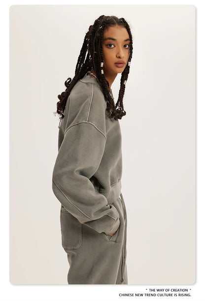 ZODF Winter Women Short Fleece Cropped Sweatshirts Girls Female Hip Hop Loose 400gsm V-Neck Pullovers Brand Tops HY0437