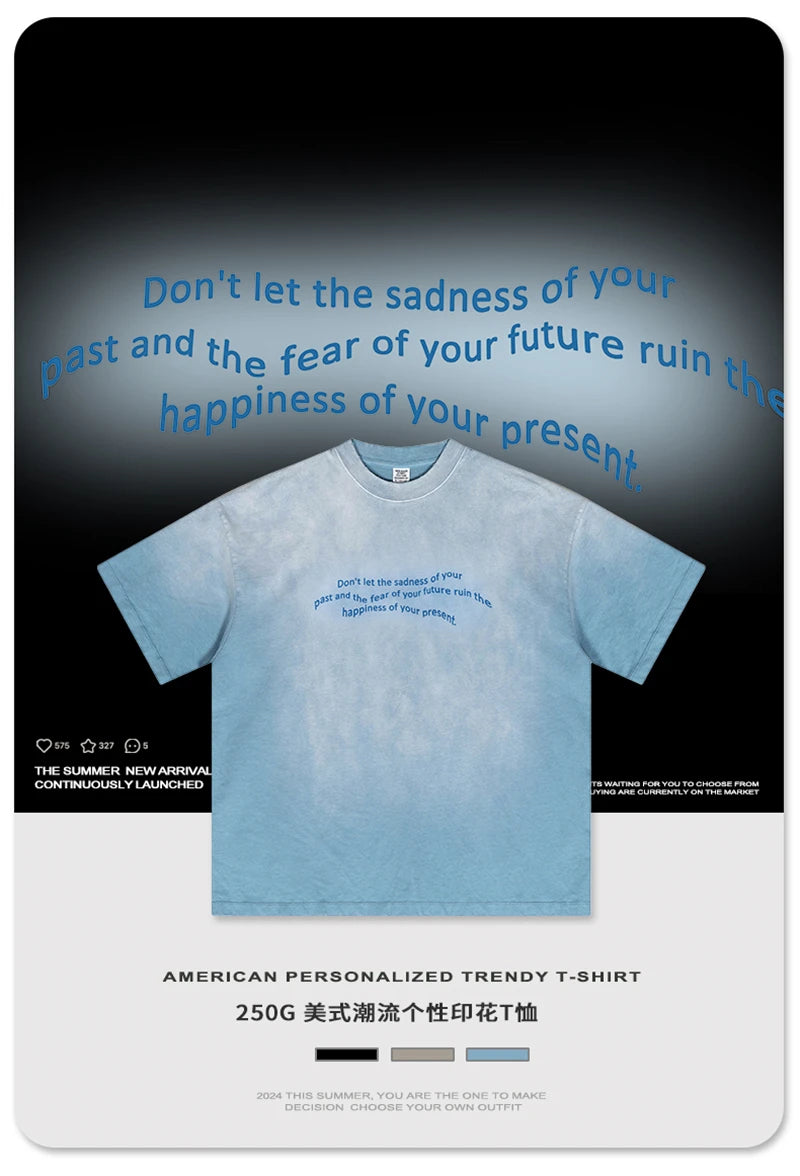 ZODF Summer High Street Printing T-Shirts For Men Unisex Retro Washed 250gsm Ripped Cotton T Shirt Brand Tops HY0858