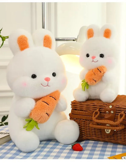 25-50cm Adorable Fuzzy Bunny Hold Carrot Plush Toy Stuffed White Rabbit with Foods on Hand Kids Hug Cuddly Plushie for Children