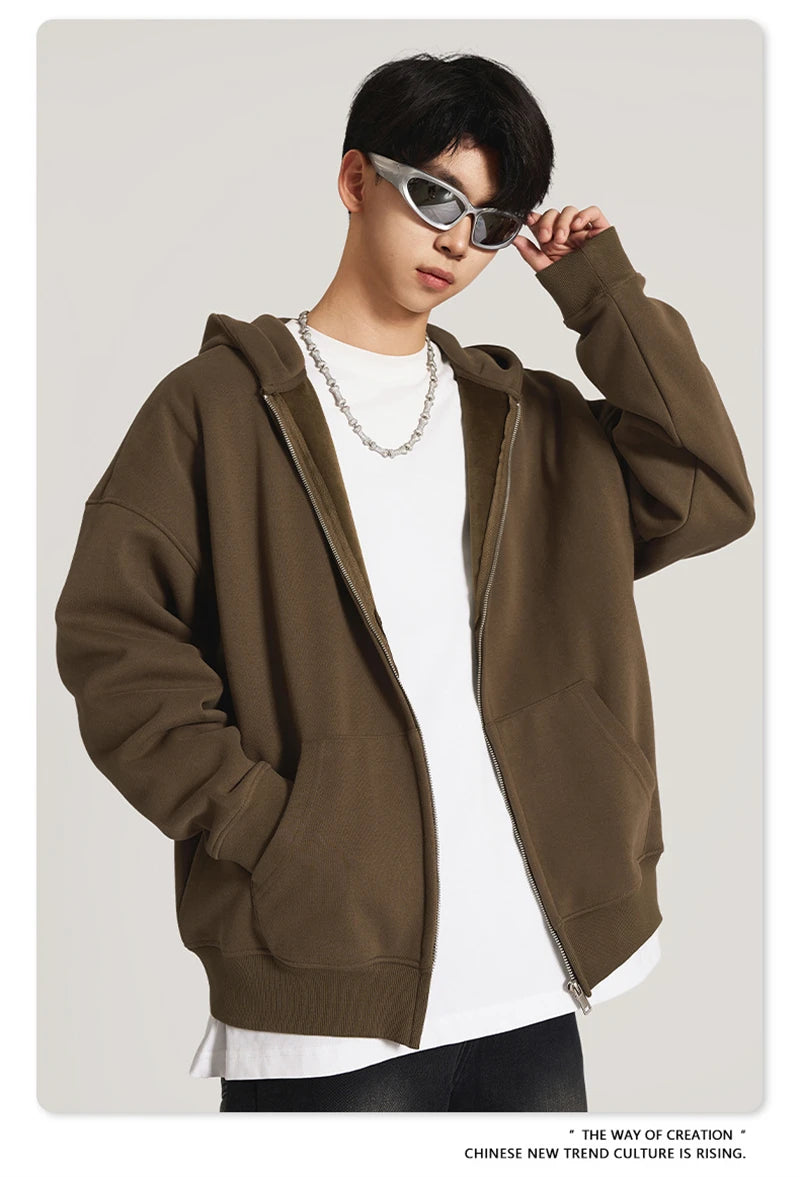 ZODF New Winter Men Zipper Fleece Hoodies Unisex Loose Heavy Weight Thick Warm Basic 420gsm Hooded Coats Hoodie HY0747