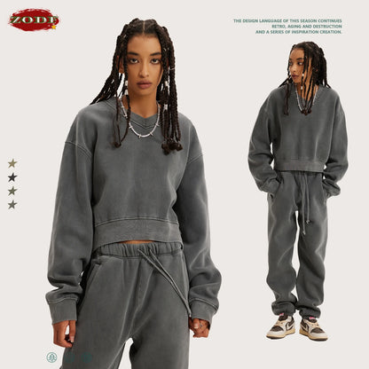 ZODF Winter Women Short Fleece Cropped Sweatshirts Girls Female Hip Hop Loose 400gsm V-Neck Pullovers Brand Tops HY0437