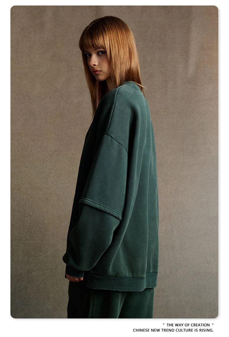 ZODF Trendy 2025 Winter Man 360gsm Washed Fleece Hoodies Unisex Patchwork Loose Fake 2 Pieces Knitted O Neck Sweatshirts HY1089