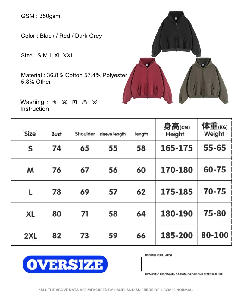 ZODF Retro Winter 350gsm Washed Zipper Fleece Hoodies For Men Unisex Loose Fit Boxy Style Thick Warm Hooded Coat Outfits HY0042