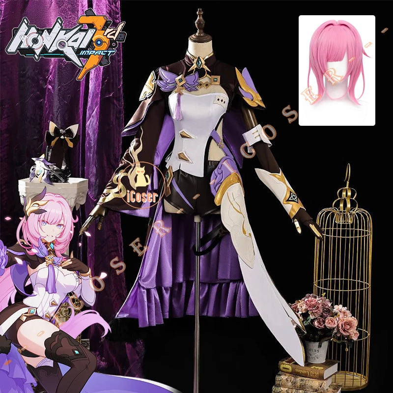 Honkai Impact 3 Elysia Miss Pink Elf Cosplay Costume Wig Dress Headwear Uniform Halloween Party for Women Girls Carnival iCoser