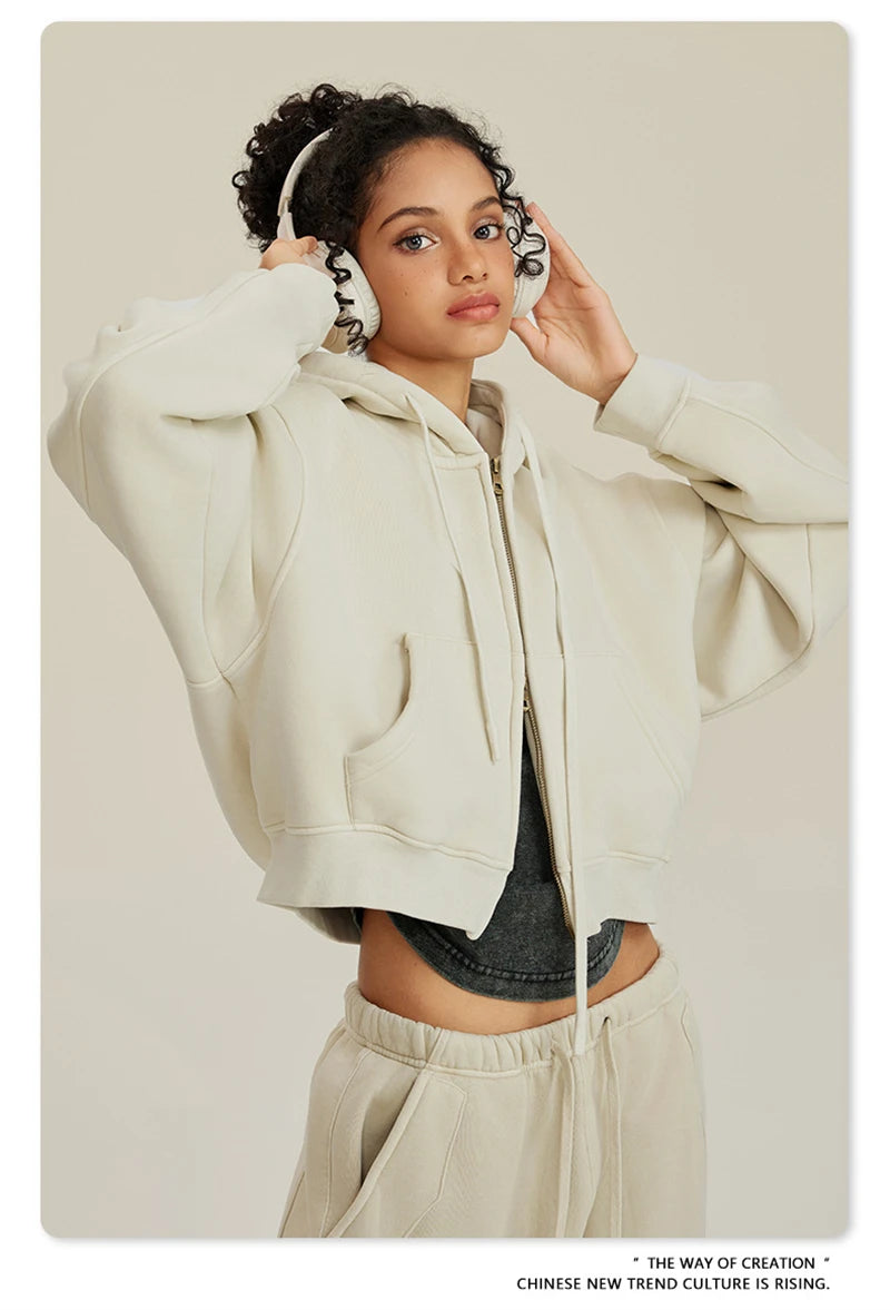 ZODF Retro 2025 Winter Women Short Zipper Hoodies Female Girls Loose 355gsm Thick Fleece Hooded Zip-up Coat Streetwears HY0448