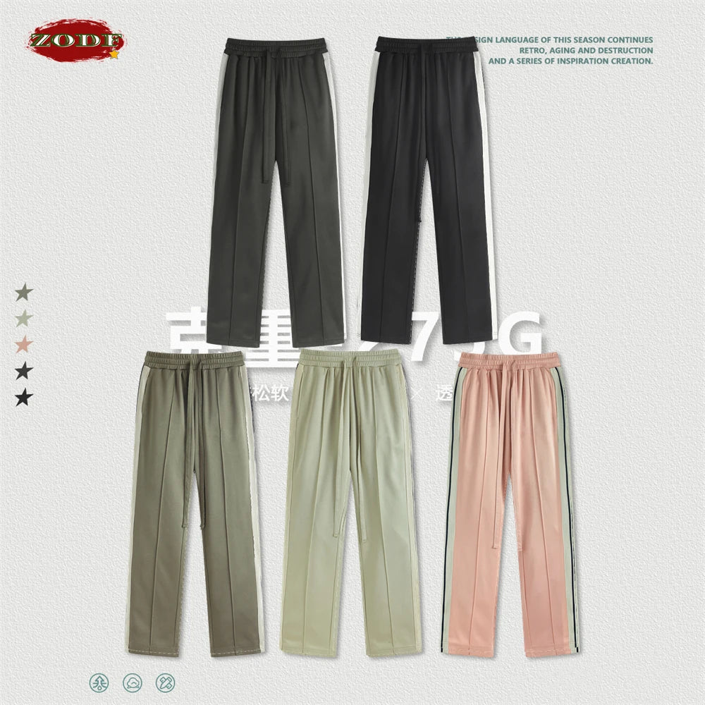 ZODF Spring Summer 275GSM Basic Side Webbing Trousers For Men Unisex American Retro Casual Sports Straight Pants HY0540