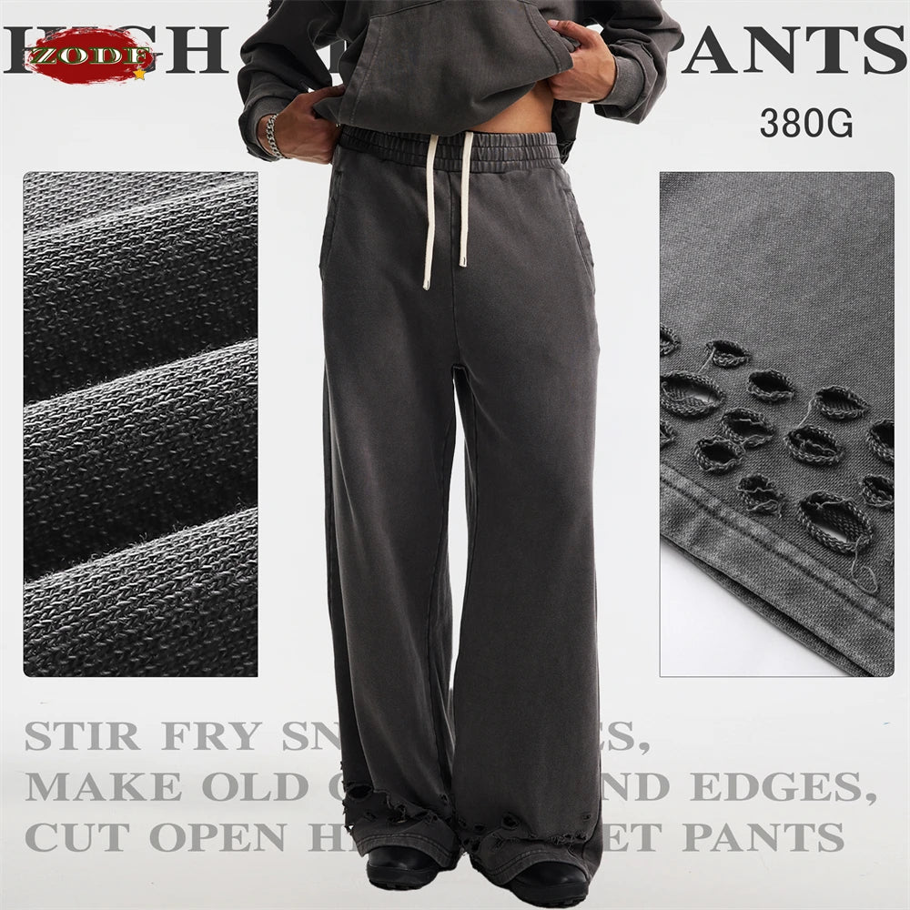 ZODF 2025 Autumn Men Washed Cotton Terry Pants 380gsm Distressed Oversized Straight Sport Trousers Streetwear HY1075