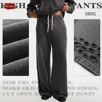 ZODF 2025 Autumn Men Washed Cotton Terry Pants 380gsm Distressed Oversized Straight Sport Trousers Streetwear HY1075