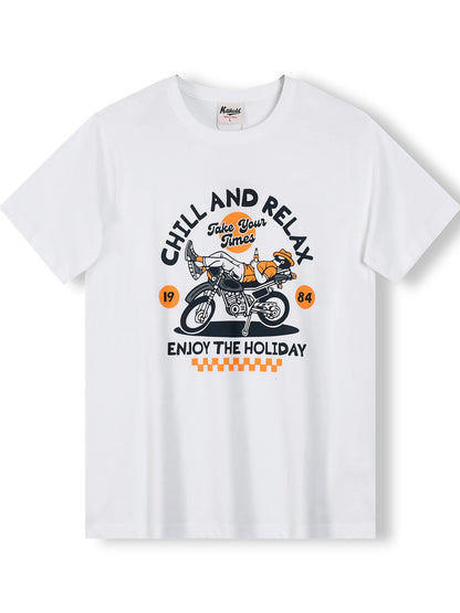 Summer New American Retro Short-sleeved O-neck Motorcycle Printed T-shirt Men's Fashion 100% Cotton Washed Casual Sport Tops