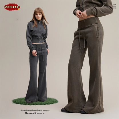 ZODF Retro Winter Women 400gsm Fleece Flared Pants Casual Girls Female Slim Fit Warm Washed Distressed Trousers HY1142