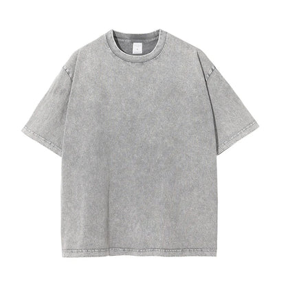 ZODF 2025 High Street Summer Washed Cotton Unisex Loose Retro Solid T-Shirt HY0113 - Light Grey / L / China Mainland