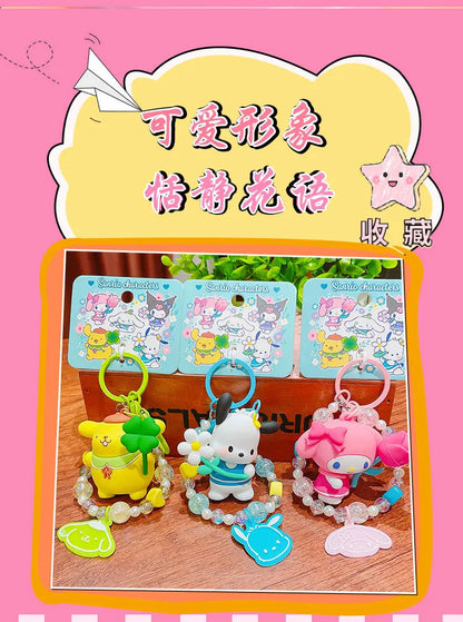 Sanrio Cartoon Animal Kuromi Pompom Purin Cinnamoroll Melody Pachacoo Pendant Keychain Key Ring Action Figure Model Toy Gifts