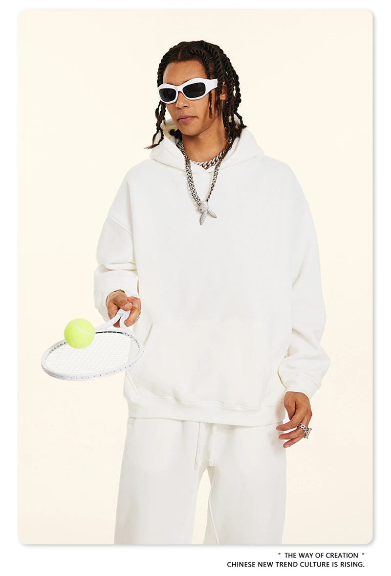 ZODF New 2024 Autumn Winter Men 345gsm Fleece Hoodies Unisex Women Relax Fit Warm Solid Hooded Pullovers Sweatshirts HY0863