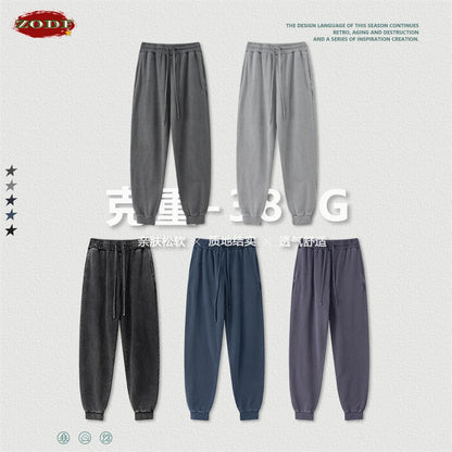 ZODF Retro Men Washed 380gsm 100% Cotton Sweatpant Unisex Loose Sport Solid Joggers Pants For Spring Autumn  HY0901