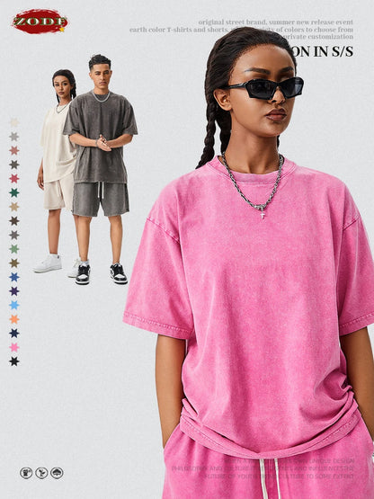 ZODF Men's Summer Batik Washed 250gsm T Shirts Retro Vintage Unisex Basic Loose Solid Cotton T-Shirt Brand Tops 2024 New HY0753