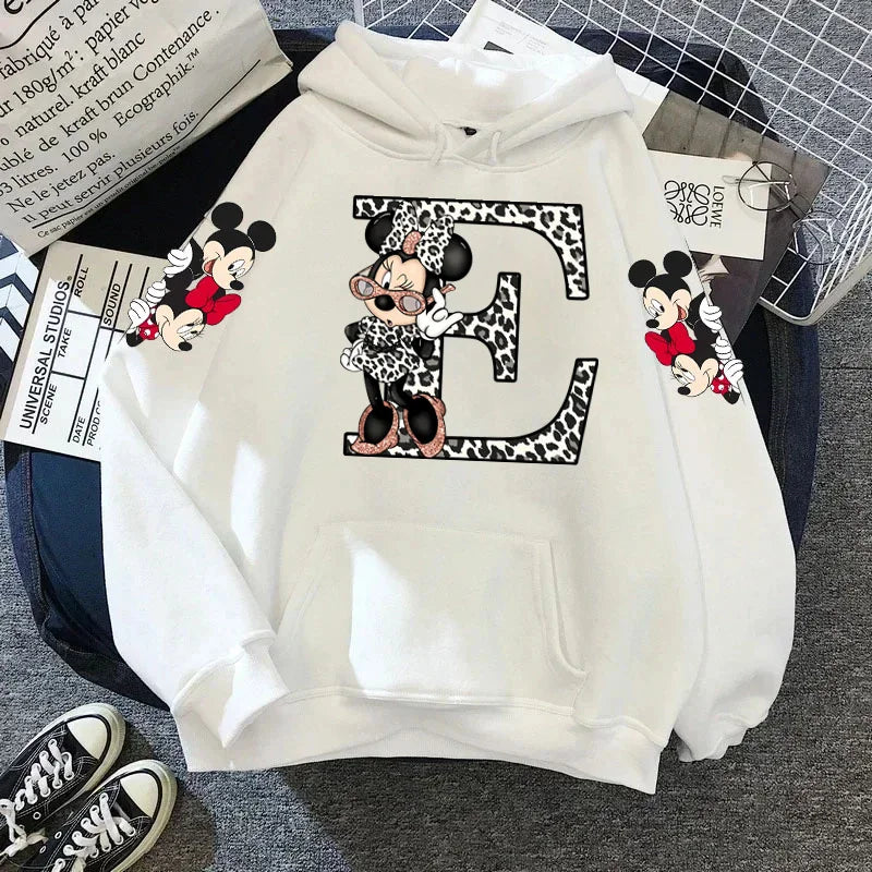 2024 Women's Winter Jacket Cute Kawaii Disney Mickey Mouse Lucky Letters Print White Hoodie Fashion Couple Streetwear Sportswear