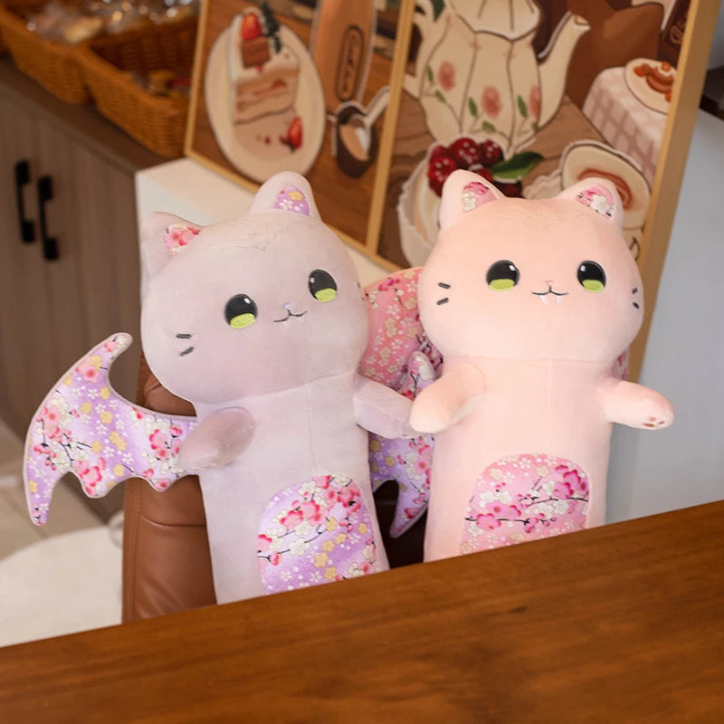 60cm Cat Shaped Hug Pillows Cherry Blossom Cat Plush Toys Bat Wing Kitten Sleeping Pillows Girl Birthday Gift