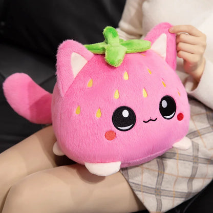 Kawaii Strawberry Cat Plush Toy Cute Pink Cat Stuffed Animal Cuddly Doll Soft Cartoon Plushies Birthday Gift for Girl Home Decor